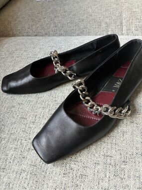 Zara Black Leather Square-Toe Flats with Silver Chain